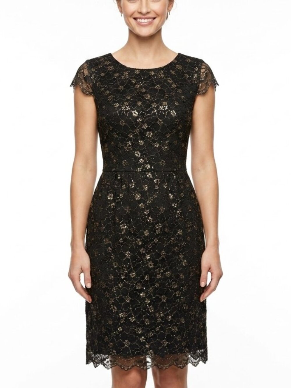 Gianni Bini Dark Coquette Black Gold Floral Metallic Lace Sheath Dress 12